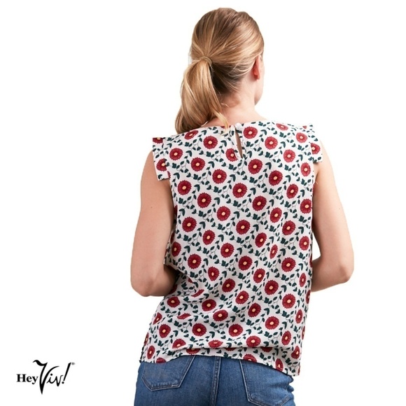 Red Daisy Print Top w Cap Sleeves - Easy Style - S - Picture 2 of 4